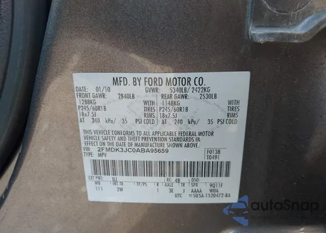 2010 Ford Edge Sel из США, поврежденный, VIN 2FMDK3JC0ABA95659